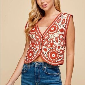 Floral Crochet Vest in Orange and Cream
